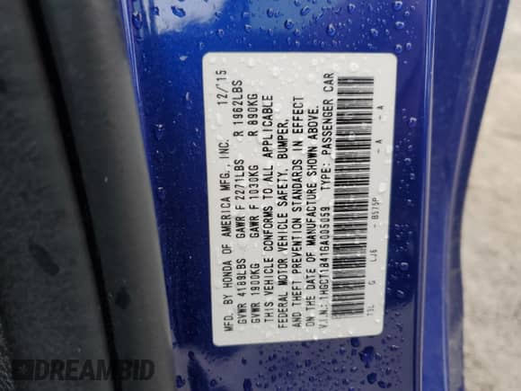 2016 Honda Accord LX-S with VIN 1HGCT1B41GA005059, listed as a Copart auction lot 89265025 with 149,227 mi miles and Salvage title. Bid and sale history available at DreamBid. Image 13.