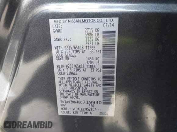 2014 Nissan Pathfinder S z VIN 5N1AR2MN4EC719930, wystawiony jako IAAI lot #42392966 z przebiegiem 173 672 mil mil oraz . Historia ofert i sprzedaży dostępna na DreamBid. Obrazek 9.