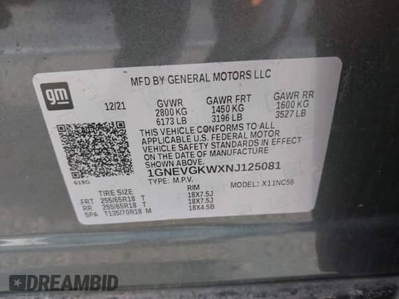 2022 Chevrolet Traverse LT Cloth с VIN 1GNEVGKWXNJ125081, выставлен на аукционе IAAI как лот 41920838 с пробегом 45 481 миль миль и . История ставок и продаж доступна на DreamBid. Изображение 9.
