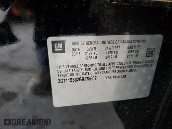 2016 Chevrolet Impala LT with VIN 2G1115S32G9178667, listed as a Copart auction lot 66089355 with 81,862 mi miles and Non repairable. Bid and sale history available at DreamBid. Image 13.