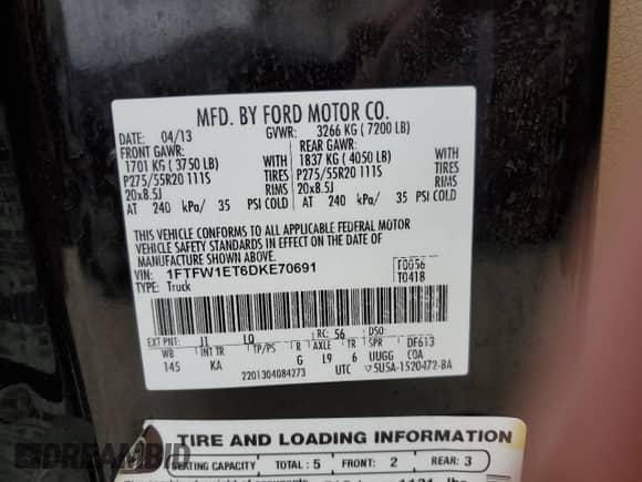 2013 Ford F-150 Lariat with VIN 1FTFW1ET6DKE70691, listed as a Copart auction lot 59395365 with 225,575 mi miles and Salvage title. Bid and sale history available at DreamBid. Image 12.