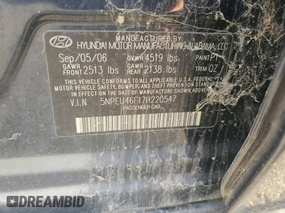 2007 Hyundai Sonata SE z VIN 5NPEU46F17H220547, wystawiony jako Copart lot #85889225 z przebiegiem 176 228 mil mil oraz Czysty tytuł • Clean title. Historia ofert i sprzedaży dostępna na DreamBid. Obrazek 12.