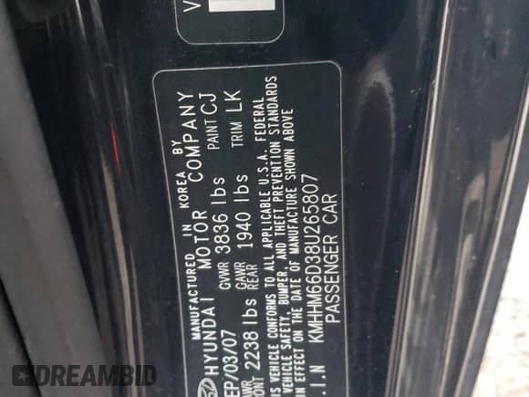 2008 Hyundai Tiburon GS with VIN KMHHM66D38U265807, listed as a Copart auction lot 42229755 with 217,206 mi miles and Salvage title. Bid and sale history available at DreamBid. Image 12.