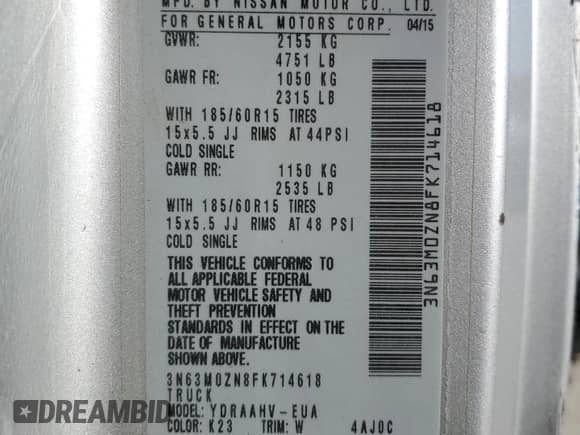 2015 Chevrolet City Express Cargo LT с VIN 3N63M0ZN8FK714618, выставлен на аукционе Copart как лот 49855225 с пробегом 122 452 миль миль и Списание • Salvage title. История ставок и продаж доступна на DreamBid. Изображение 14.