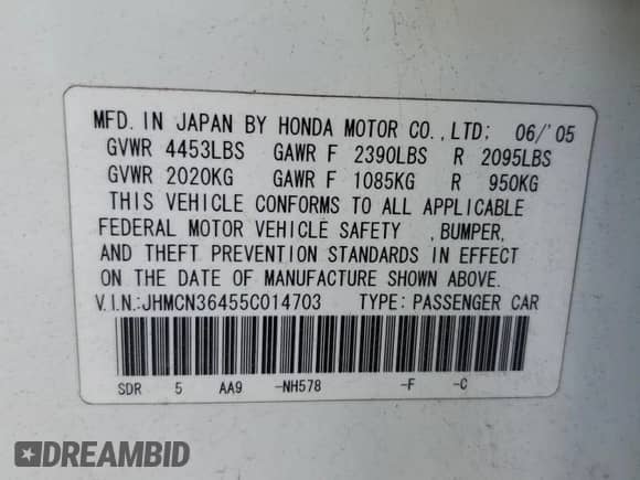 2005 Honda Accord with VIN JHMCN36455C014703, listed as a Copart auction lot 80305425 with 275,980 mi miles and Clean title. Bid and sale history available at DreamBid. Image 12.