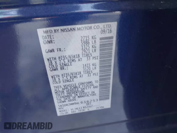 2017 Nissan Pathfinder SV with VIN 5N1DR2MM9HC616253, listed as a IAAI auction lot 42333509 with 126,551 mi miles and . Bid and sale history available at DreamBid. Image 9.