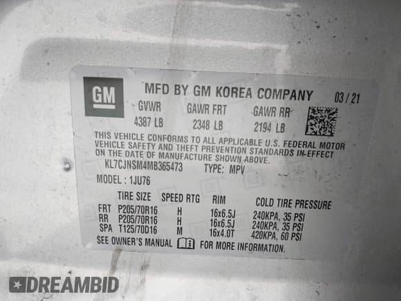 2021 Chevrolet Trax LS z VIN KL7CJNSM4MB365473, wystawiony jako IAAI lot #42563499 z przebiegiem 52 407 mil mil oraz . Historia ofert i sprzedaży dostępna na DreamBid. Obrazek 9.