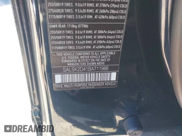 2011 Land Rover Range Rover Sport HSE Lux with VIN SALSK2D41BA711966, listed as a IAAI auction lot 42825979 with 184,922 mi miles and . Bid and sale history available at DreamBid. Image 9.