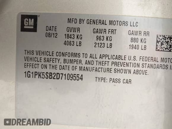 2013 Chevrolet Cruze LT with VIN 1G1PK5SB2D7109554, listed as a IAAI auction lot 42939613 with 155,175 mi miles and . Bid and sale history available at DreamBid. Image 9.