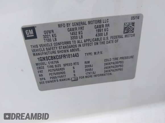 2015 Chevrolet Tahoe LT with VIN 1GNSCBKC6FR181443, listed as a IAAI auction lot 43099107 with 234,716 mi miles and . Bid and sale history available at DreamBid. Image 9.