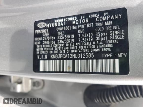 2022 Hyundai Tucson SEL Convenience with VIN KM8JFCA13NU012585, listed as a Copart auction lot 68708595 with Not provided miles and Salvage title. Bid and sale history available at DreamBid. Image 13.