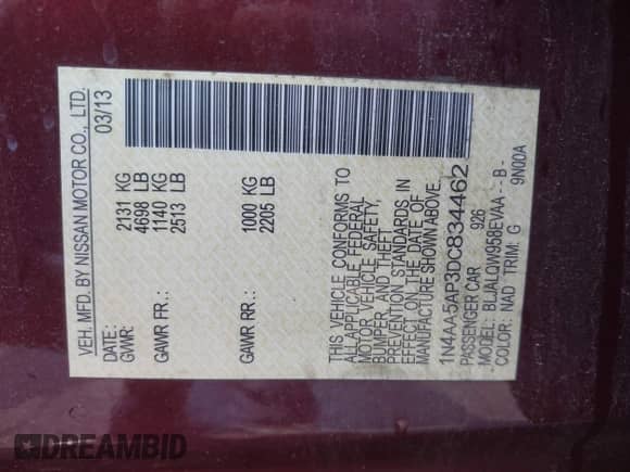 2013 Nissan Maxima SV z VIN 1N4AA5AP3DC834462, wystawiony jako IAAI lot #42783351 z przebiegiem 187 671 mil mil oraz . Historia ofert i sprzedaży dostępna na DreamBid. Obrazek 9.