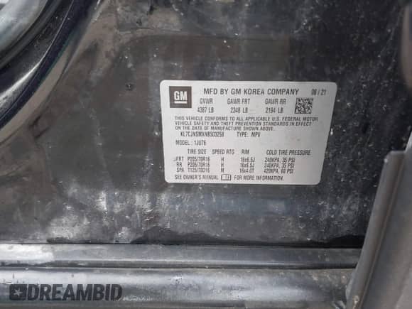 2022 Chevrolet Trax LS z VIN KL7CJNSMXNB503258, wystawiony jako IAAI lot #42073263 z przebiegiem 89 406 mil mil oraz . Historia ofert i sprzedaży dostępna na DreamBid. Obrazek 9.