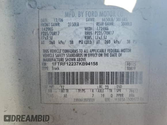 2007 Ford F-150 XL with VIN 1FTRF12237KB94158, listed as a Copart auction lot 86521555 with Not provided miles and Salvage title. Bid and sale history available at DreamBid. Image 12.