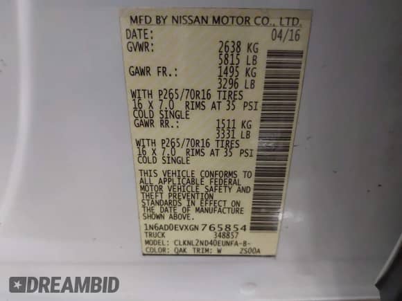 2016 Nissan Frontier SV z VIN 1N6AD0EVXGN765854, wystawiony jako IAAI lot #43465196 z przebiegiem 71 731 mil mil oraz . Historia ofert i sprzedaży dostępna na DreamBid. Obrazek 9.