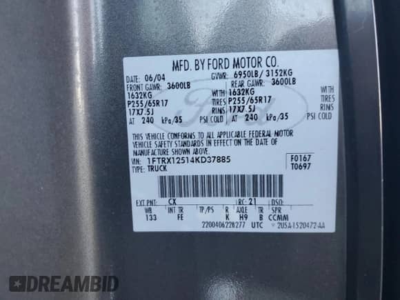 2004 Ford F-150 XLT z VIN 1FTRX12514KD37885, wystawiony jako Copart lot #73998724 z przebiegiem 164 189 mil mil oraz Szkoda całkowita • Salvage title. Historia ofert i sprzedaży dostępna na DreamBid. Obrazek 12.