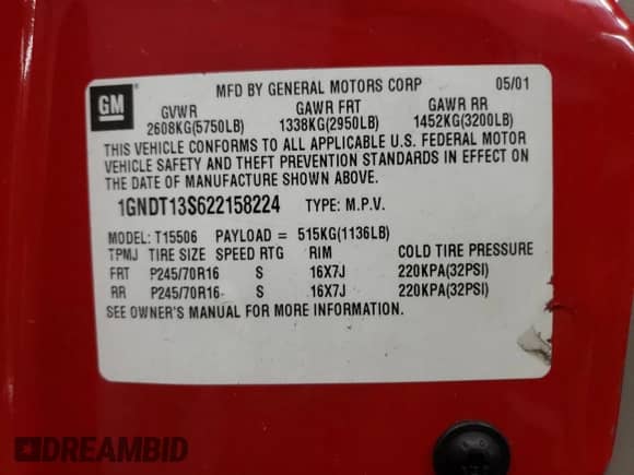 2002 Chevrolet TrailBlazer LS with VIN 1GNDT13S622158224, listed as a Copart auction lot 49047555 with 188,712 mi miles and Salvage title. Bid and sale history available at DreamBid. Image 12.