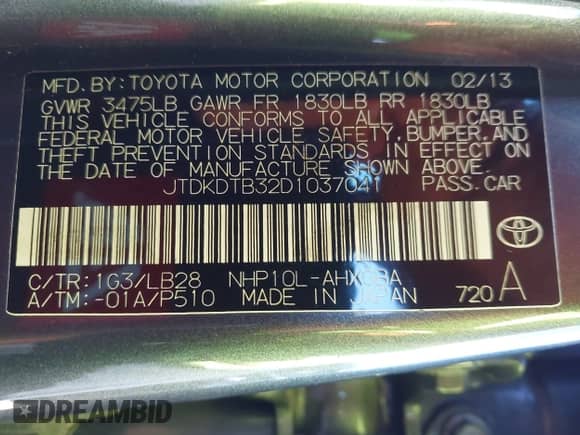 2013 Toyota Prius Three with VIN JTDKDTB32D1037041, listed as a IAAI auction lot 43401357 with 117,651 mi miles and . Bid and sale history available at DreamBid. Image 9.