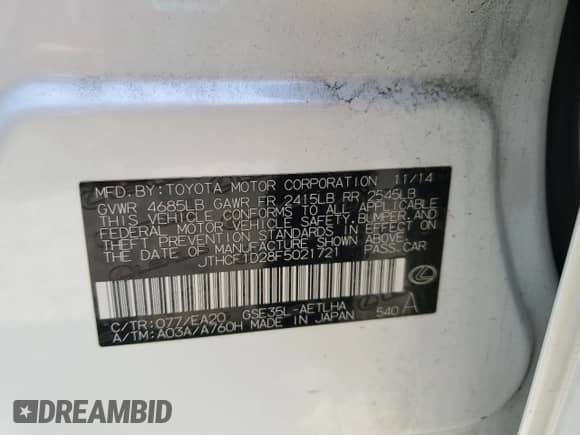 2015 Lexus IS 250 с VIN JTHCF1D28F5021721, выставлен на аукционе Copart как лот 71062805 с пробегом 87 416 миль миль и Списание • Salvage title. История ставок и продаж доступна на DreamBid. Изображение 12.