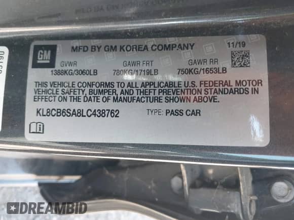 2020 Chevrolet Spark LS с VIN KL8CB6SA8LC438762, выставлен на аукционе IAAI как лот 42853538 с пробегом Не указан миль и . История ставок и продаж доступна на DreamBid. Изображение 9.
