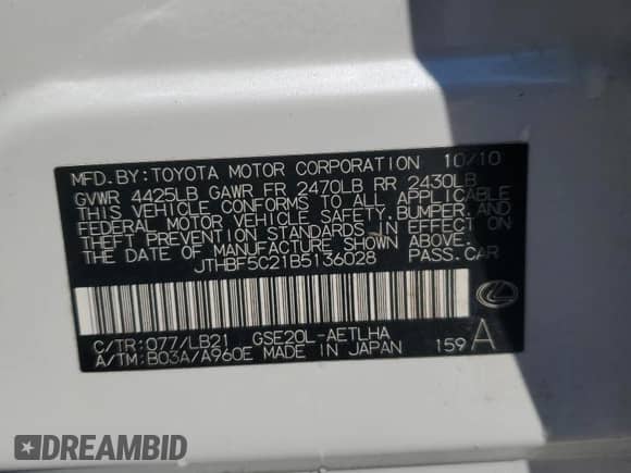 2011 Lexus IS 250 с VIN JTHBF5C21B5136028, выставлен на аукционе Copart как лот 70739995 с пробегом 215 804 миль миль и Списание • Salvage title. История ставок и продаж доступна на DreamBid. Изображение 12.