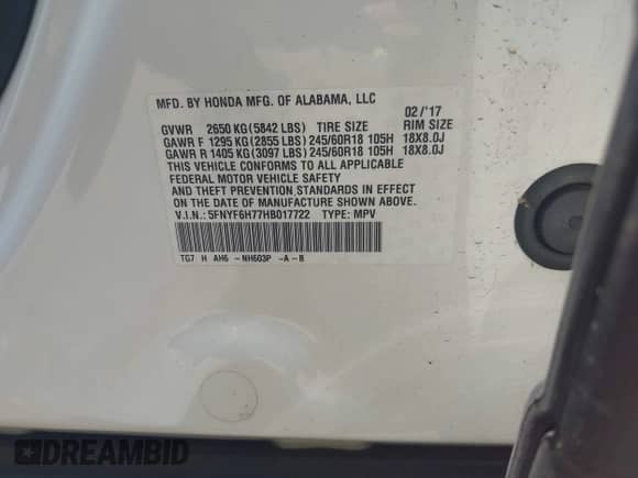 2017 Honda Pilot EX-L with VIN 5FNYF6H77HB017722, listed as a IAAI auction lot 42800151 with 94,457 mi miles and . Bid and sale history available at DreamBid. Image 9.