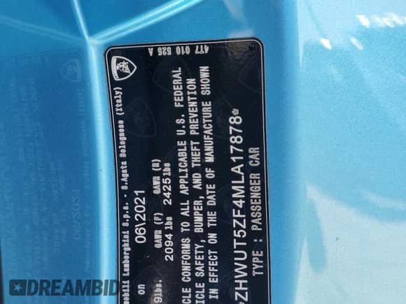 2021 Lamborghini Huracan с VIN ZHWUT5ZF4MLA17878, выставлен на аукционе Copart как лот 65749535 с пробегом 24 506 миль миль и Списание • Salvage title. История ставок и продаж доступна на DreamBid. Изображение 13.