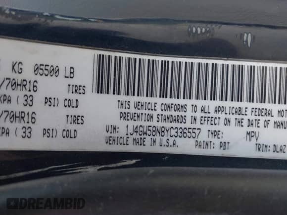 2000 Jeep Grand Cherokee Limited with VIN 1J4GW58N8YC336557, listed as a IAAI auction lot 42820940 with 107,642 mi miles and . Bid and sale history available at DreamBid. Image 9.