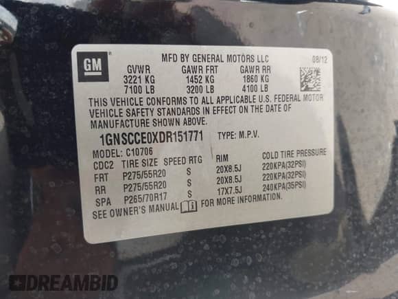 2013 Chevrolet Tahoe LTZ с VIN 1GNSCCE0XDR151771, выставлен на аукционе IAAI как лот 43088780 с пробегом 191 788 миль миль и . История ставок и продаж доступна на DreamBid. Изображение 9.