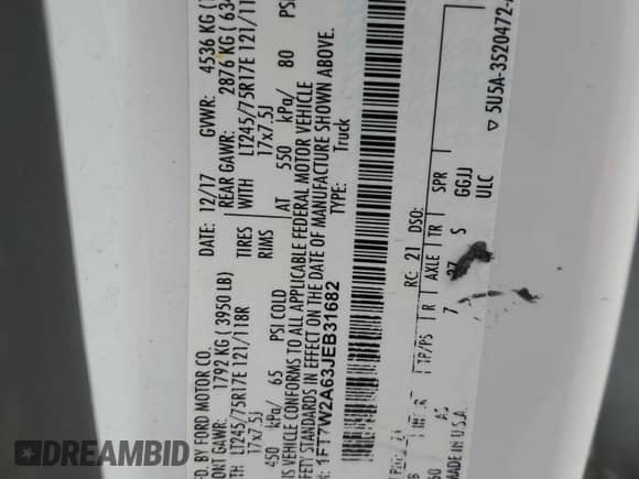 2018 Ford F-250 XL with VIN 1FT7W2A63JEB31682, listed as a Copart auction lot 88759375 with 124,965 mi miles and Salvage title. Bid and sale history available at DreamBid. Image 13.