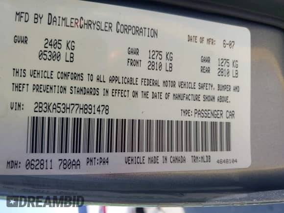 2007 Dodge Charger R/T with VIN 2B3KA53H77H891478, listed as a IAAI auction lot 43317039 with 123,347 mi miles and . Bid and sale history available at DreamBid. Image 9.