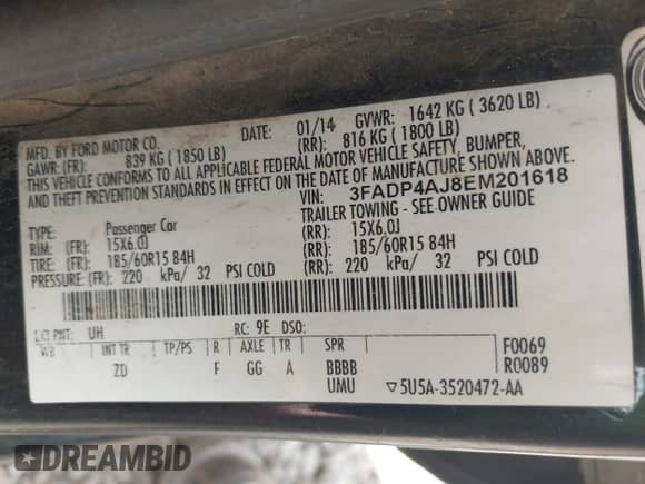 2014 Ford Fiesta S with VIN 3FADP4AJ8EM201618, listed as a IAAI auction lot 42234592 with 170,203 mi miles and . Bid and sale history available at DreamBid. Image 9.