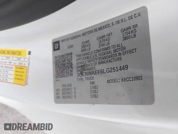 2020 Chevrolet Silverado 1500 Work Truck with VIN 3GCNWAEF6LG251449, listed as a IAAI auction lot 42945518 with 271,159 mi miles and . Bid and sale history available at DreamBid. Image 9.