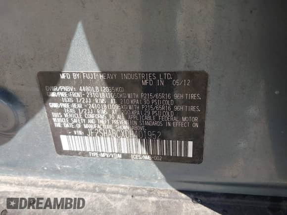 2013 Subaru Forester X z VIN JF2SHABCXDH401952, wystawiony jako IAAI lot #43540817 z przebiegiem 94 345 mil mil oraz . Historia ofert i sprzedaży dostępna na DreamBid. Obrazek 9.