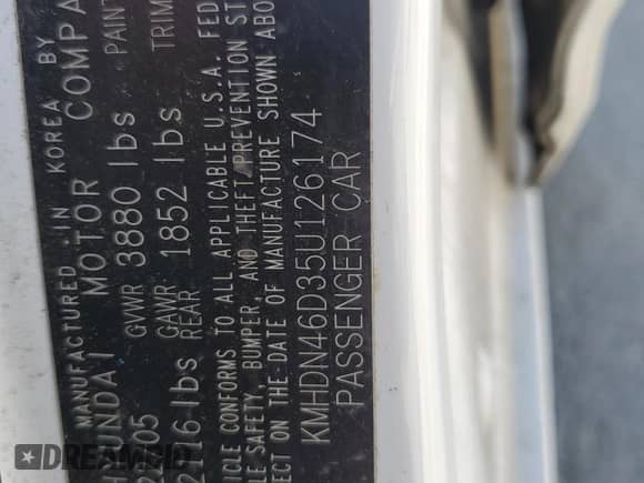 2005 Hyundai Elantra GLS z VIN KMHDN46D35U126174, wystawiony jako Copart lot #69844444 z przebiegiem Nie podano mil oraz Szkoda całkowita • Salvage title. Historia ofert i sprzedaży dostępna na DreamBid. Obrazek 14.