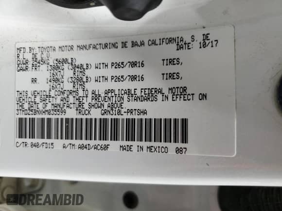 2017 Toyota Tacoma SR5 with VIN 3TMDZ5BNXHM035599, listed as a Copart auction lot 84277785 with 18,278 mi miles and Salvage title. Bid and sale history available at DreamBid. Image 13.