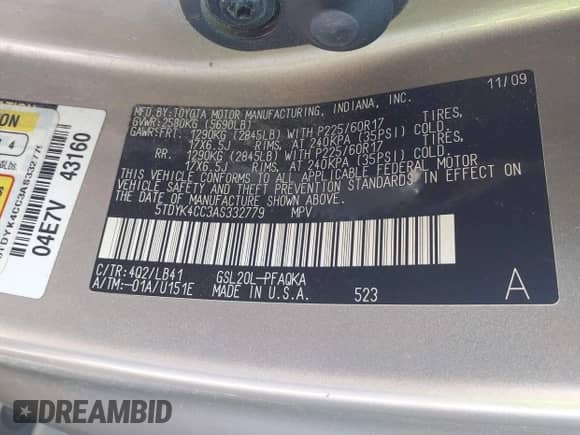 2010 Toyota Sienna XLE с VIN 5TDYK4CC3AS332779, выставлен на аукционе IAAI как лот 42939681 с пробегом 106 477 миль миль и . История ставок и продаж доступна на DreamBid. Изображение 9.