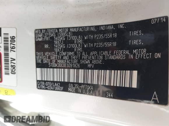 2014 Toyota Sienna Limited с VIN 5TDDK3DC0ES091826, выставлен на аукционе IAAI как лот 42112113 с пробегом 200 255 миль миль и . История ставок и продаж доступна на DreamBid. Изображение 9.