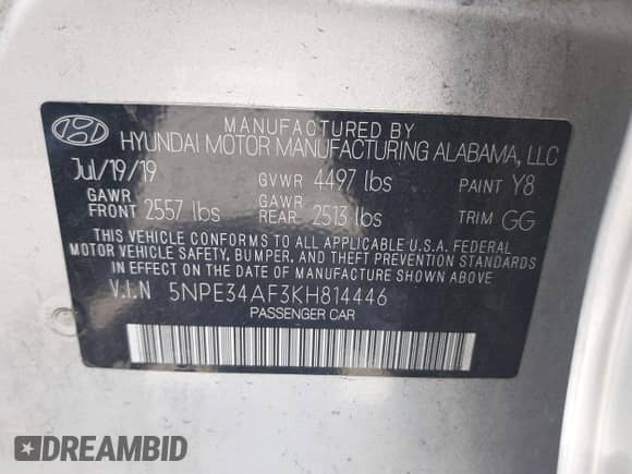 2019 Hyundai Sonata Limited with VIN 5NPE34AF3KH814446, listed as a IAAI auction lot 43130968 with 101,474 mi miles and . Bid and sale history available at DreamBid. Image 9.