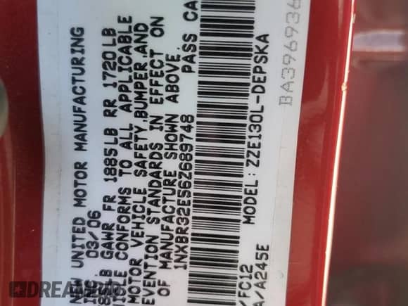 2006 Toyota Corolla LE with VIN 1NXBR32E56Z689748, listed as a Copart auction lot 82242275 with Not provided miles and Salvage title. Bid and sale history available at DreamBid. Image 12.