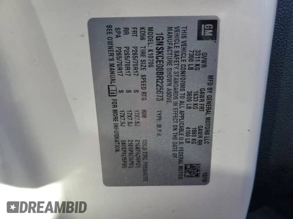 2011 Chevrolet Tahoe LTZ with VIN 1GNSKCE08BR225673, listed as a Copart auction lot 82283985 with 108,396 mi miles and Salvage title. Bid and sale history available at DreamBid. Image 14.