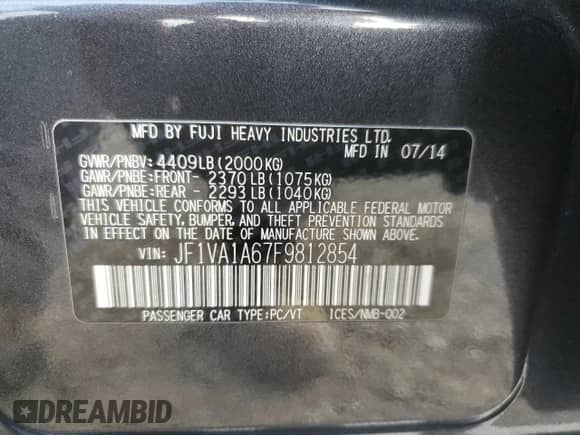 2015 Subaru WRX with VIN JF1VA1A67F9812854, listed as a Copart auction lot 70169125 with 130,862 mi miles and Salvage title. Bid and sale history available at DreamBid. Image 12.