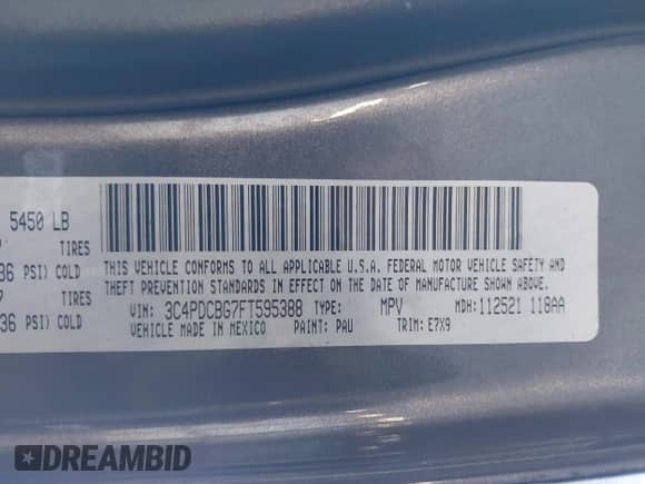 2015 Dodge Journey SXT with VIN 3C4PDCBG7FT595388, listed as a IAAI auction lot 43329453 with 205,122 mi miles and . Bid and sale history available at DreamBid. Image 9.