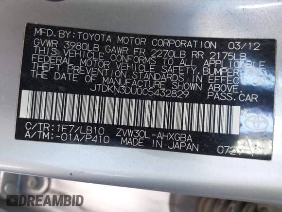 2012 Toyota Prius One with VIN JTDKN3DU0C5432829, listed as a IAAI auction lot 41701539 with 142,529 mi miles and . Bid and sale history available at DreamBid. Image 9.