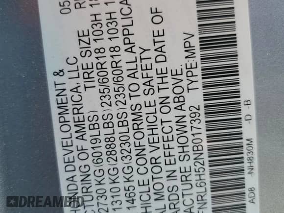 2022 Honda Odyssey EX с VIN 5FNRL6H52NB017392, выставлен на аукционе Copart как лот 71216325 с пробегом 76 278 миль миль и Списание • Salvage title. История ставок и продаж доступна на DreamBid. Изображение 14.