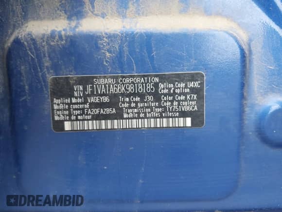 2019 Subaru WRX with VIN JF1VA1A66K9818185, listed as a IAAI auction lot 43052781 with 134,100 mi miles and . Bid and sale history available at DreamBid. Image 9.