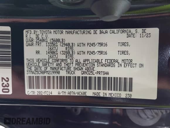 2023 Toyota Tacoma SR5 с VIN 3TMAZ5CN8PM219990, выставлен на аукционе IAAI как лот 43214288 с пробегом 26 428 миль миль и . История ставок и продаж доступна на DreamBid. Изображение 9.