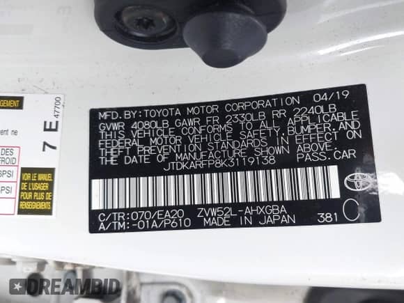 2019 Toyota Prius Plus с VIN JTDKARFP8K3119138, выставлен на аукционе IAAI как лот 42564817 с пробегом 26 200 миль миль и . История ставок и продаж доступна на DreamBid. Изображение 9.