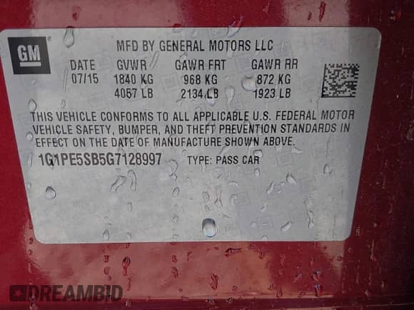 2016 Chevrolet Cruze LT with VIN 1G1PE5SB5G7128997, listed as a IAAI auction lot 43467435 with 120,833 mi miles and . Bid and sale history available at DreamBid. Image 9.