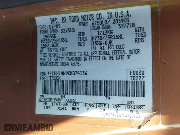 1989 Ford F-150 z VIN 1FTEX14N9KKB74136, wystawiony jako IAAI lot #43465076 z przebiegiem 75 512 mil mil oraz . Historia ofert i sprzedaży dostępna na DreamBid. Obrazek 9.